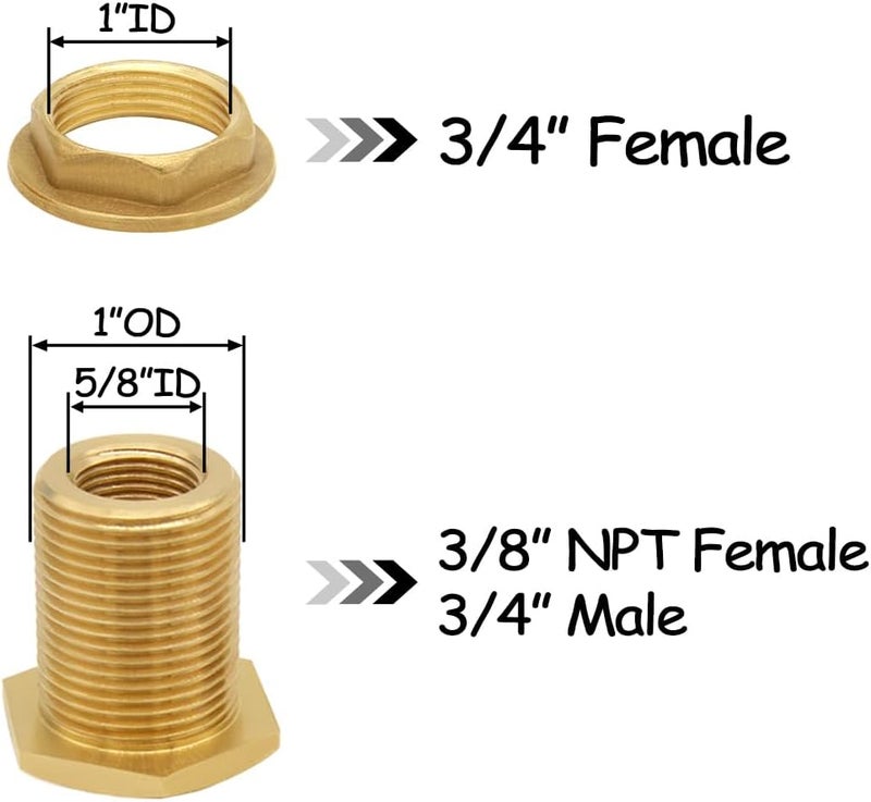 Uenede 2PCS Solid Brass Bulkhead Fitting 3/8" NPT Female x 3/4" Male Double Threaded Bulkhead Water Tank Connector - Image 2